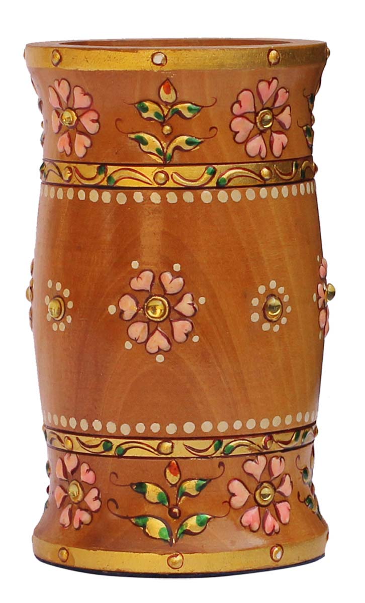 Bulk Wholesale Handcrafted 4.4” Pen Stand in Kadam Wood with Floral Beads Work in Different Colors – Antique-Look Utility Items from India