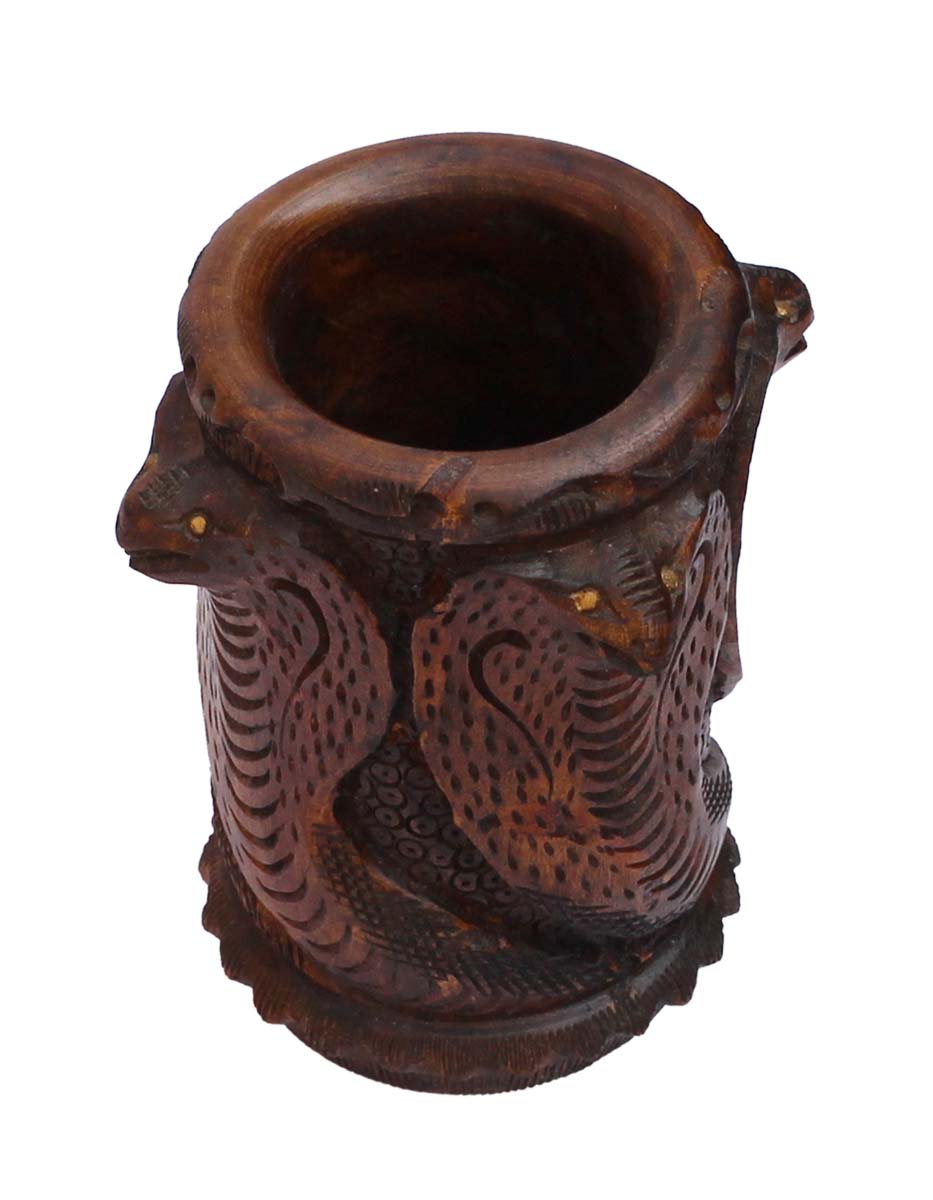 Bulk Wholesale Hand-Carved 4” Pen Stand in Dark Brown Kadam Wood with Snakes Carved at the Surface – Antique-Look Utility Items from India