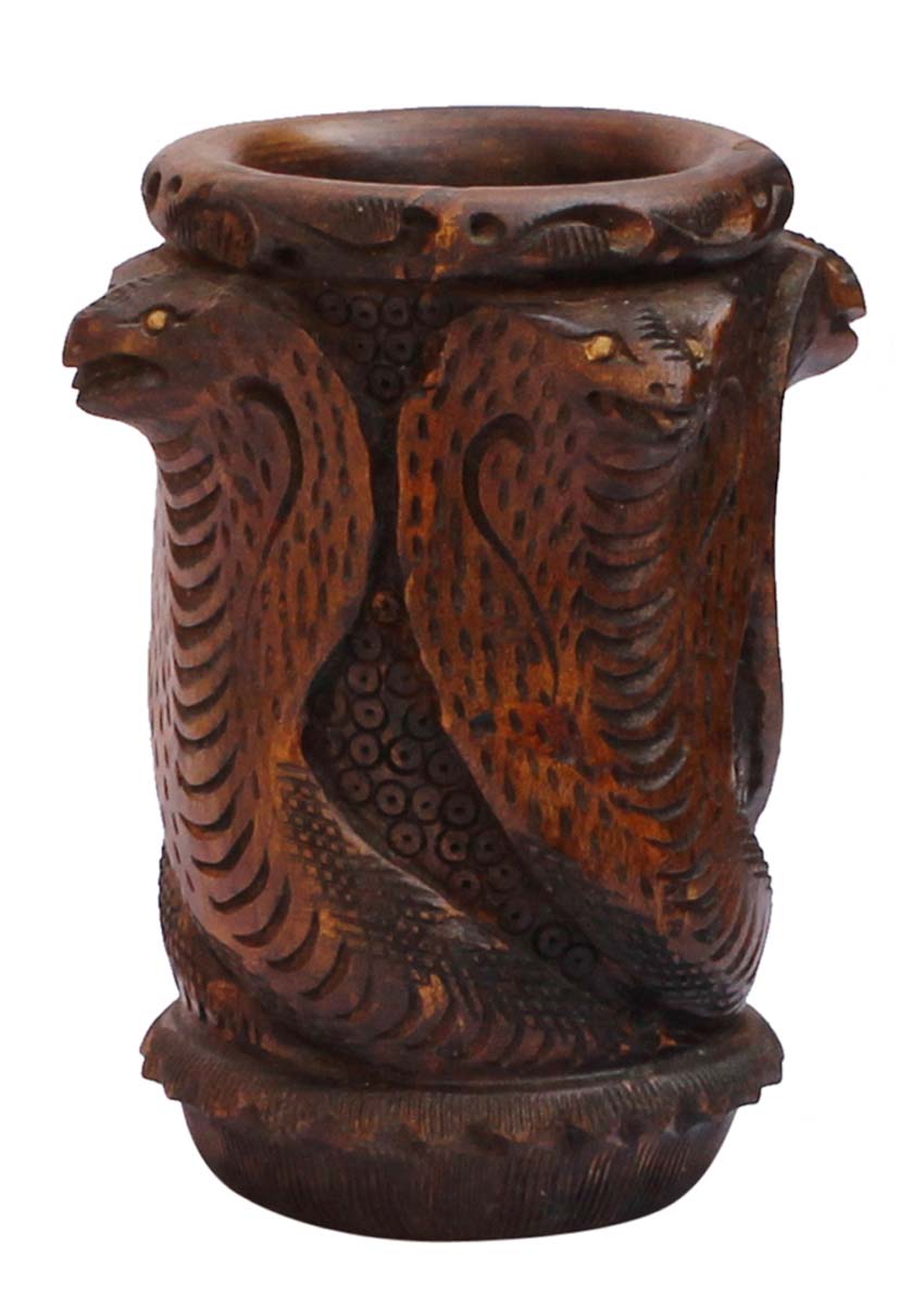 Bulk Wholesale Hand-Carved 4” Pen Stand in Dark Brown Kadam Wood with Snakes Carved at the Surface – Antique-Look Utility Items from India