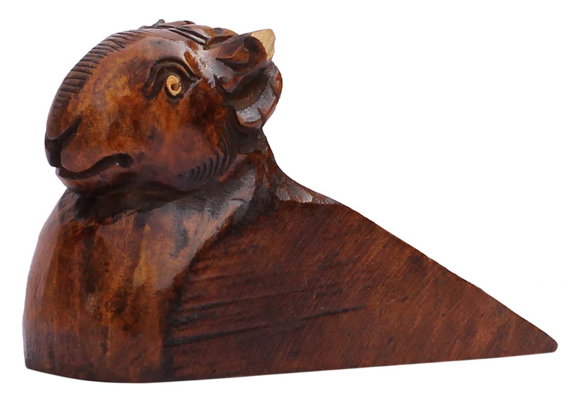 Bulk Wholesale Hand-Carved 4” Dark Brown Wood Door-Stopper in Goat Design - Antique-Look Decor/Home Essentials from India