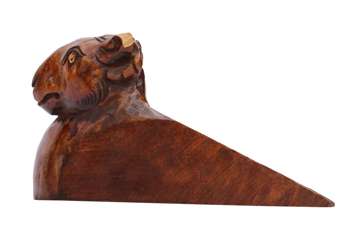 Bulk Wholesale Hand-Carved 4” Dark Brown Wood Door-Stopper in Goat Design - Antique-Look Decor/Home Essentials from India