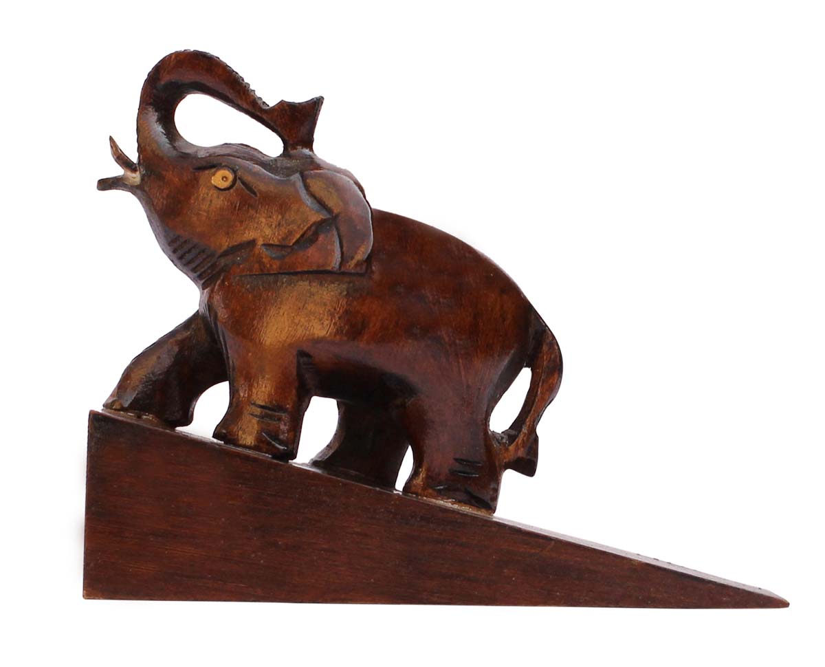 Bulk Wholesale Wooden Door-Stopper in Elephant Design Hand-Carved 4” Dark Brown Wood - Antique-Look Decor/Home Essentials from India
