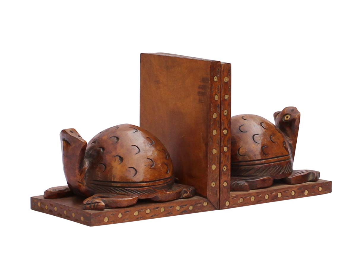 Bulk Wholesale Handmade 10” Kadam Wood Bookend with Tortoise Carved & Enhanced with Brass Inlay Work – Antique-Look Décor from India