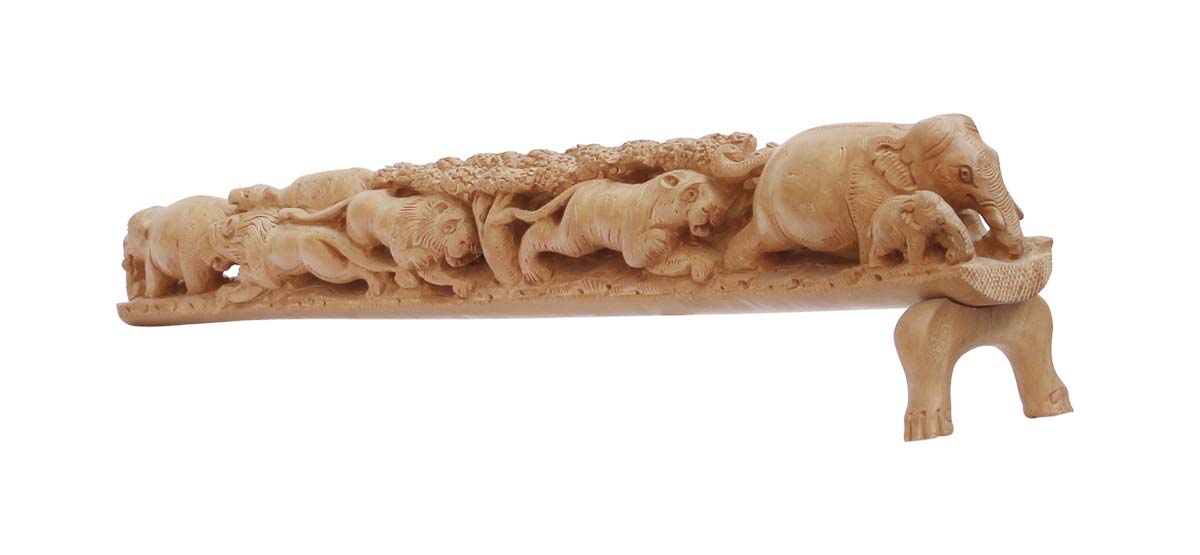 Bulk Wholesale Hand-Carved 20” Decoration Piece Portraying Jungle Scene in Wood – Antique-Look Home Décor for Art-Lovers from India