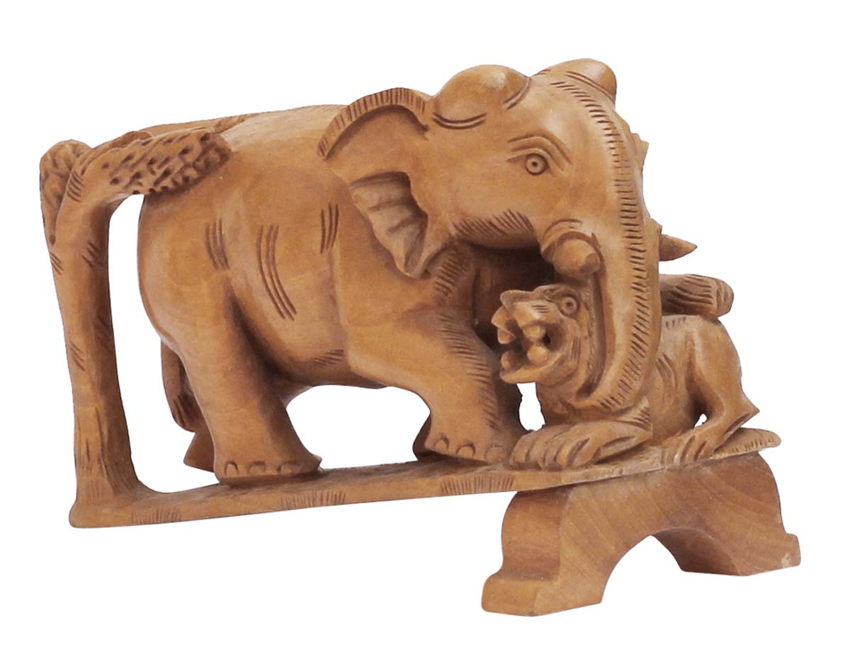 Bulk Wholesale Hand-Carved 6” Decoration Piece Portraying Jungle Scene of Elephants & Lions in Wood – Antique-Look Home Décor for Art-Lovers from India