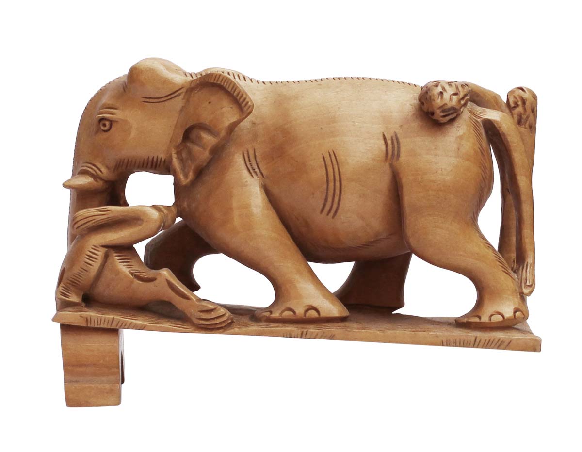 Bulk Wholesale Hand-Carved 6” Decoration Piece Portraying Jungle Scene of Elephants & Lions in Wood – Antique-Look Home Décor for Art-Lovers from India