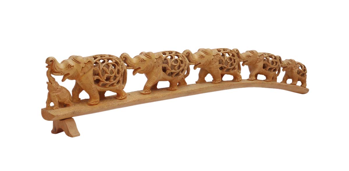 Bulk Wholesale Hand-Carved 18” Decoration Piece Portraying Elephants in Jungle in Brown Wood with Open-Work – Antique-Look Home Décor for Art-Lovers from India