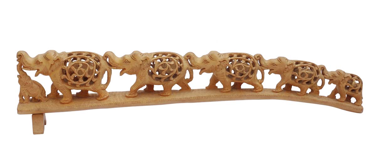 Bulk Wholesale Hand-Carved 18” Decoration Piece Portraying Elephants in Jungle in Brown Wood with Open-Work – Antique-Look Home Décor for Art-Lovers from India