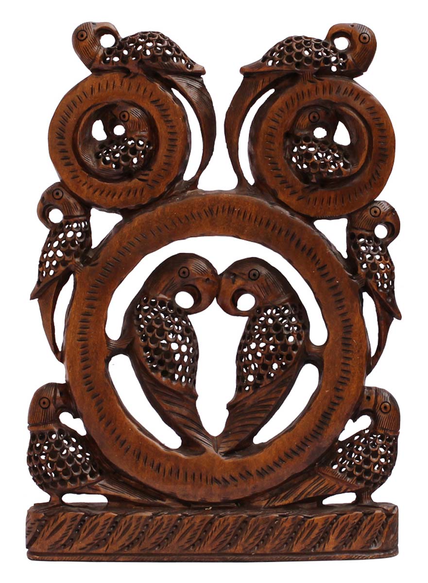Bulk Wholesale Hand-Carved 13” Decoration Piece Portraying Parrots in Rings in Dark Brown Wood with Open-Work – Antique-Look Home Décor for Art-Lovers from India