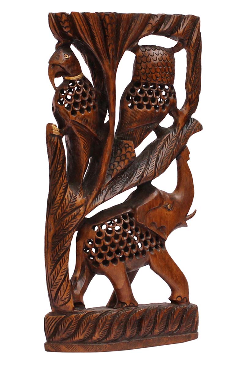 Bulk Wholesale Hand-Carved 13” Decoration Piece Portraying Parrot, Owl & Elephant in Dark Brown Wood with Open-Work – Antique-Look Home Décor for Art-Lovers from India