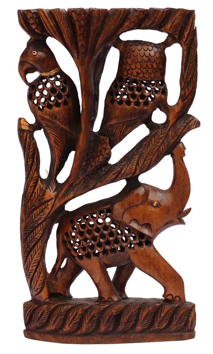 Bulk Wholesale Hand-Carved 13” Decoration Piece Portraying Parrot, Owl & Elephant in Dark Brown Wood with Open-Work – Antique-Look Home Décor for Art-Lovers from India