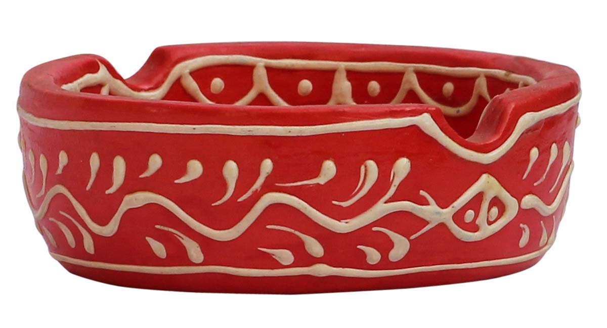 Bulk Wholesale Handcrafted 3.2” Clay Ashtray Enhanced with Traditional Papier Mache Art in Red & Cone Painting in White - Antique-Look Decor/Utility Items from India