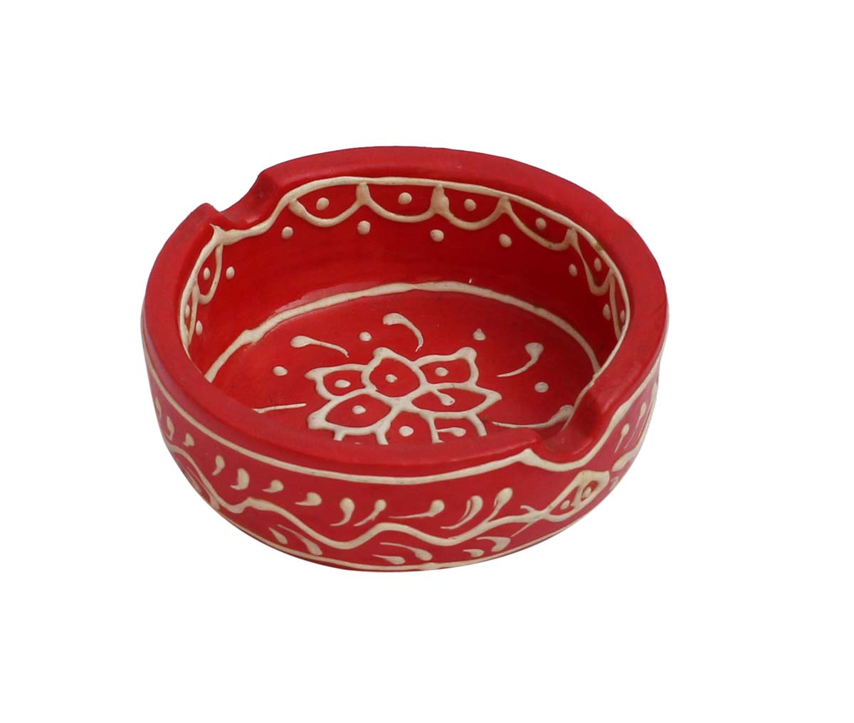 Bulk Wholesale Handcrafted 3.2” Clay Ashtray Enhanced with Traditional Papier Mache Art in Red & Cone Painting in White - Antique-Look Decor/Utility Items from India
