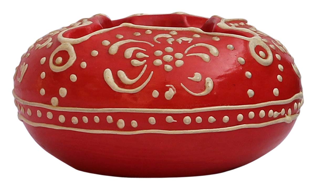 Bulk Wholesale Ashtray in Clay Handcrafted 3.4” Pot-Shaped with 4 Slots Enhanced with Traditional Papier Mache Art in Red & Cone Painting in White - Antique-Look Decor/Utility Items from India