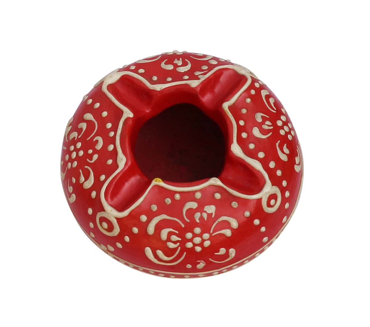 Bulk Wholesale Ashtray in Clay Handcrafted 3.4” Pot-Shaped with 4 Slots Enhanced with Traditional Papier Mache Art in Red & Cone Painting in White - Antique-Look Decor/Utility Items from India