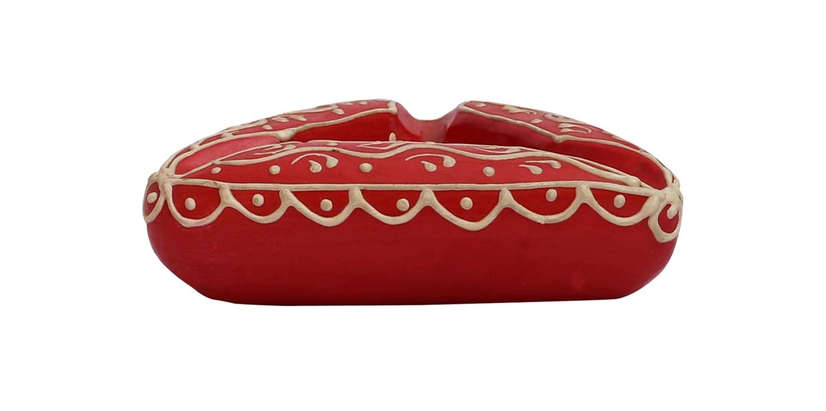 Bulk Wholesale Ashtray in Clay with 3 Slots Handcrafted 4” Triangle-Shaped Enhanced with Traditional Papier-Mache Art in Red & Cone Painting in White - Antique-Look Decor/Utility Items from India