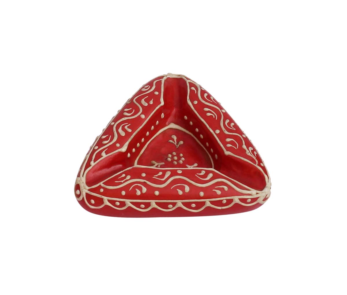 Bulk Wholesale Ashtray in Clay with 3 Slots Handcrafted 4” Triangle-Shaped Enhanced with Traditional Papier-Mache Art in Red & Cone Painting in White - Antique-Look Decor/Utility Items from India