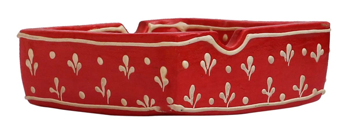 Bulk Wholesale Ashtray in Clay with 2 Slots Handcrafted 3.4” Square-Shaped Enhanced with Traditional Papier-Mache Art in Red & Cone Painting in White - Antique-Look Decor/Utility Items from India
