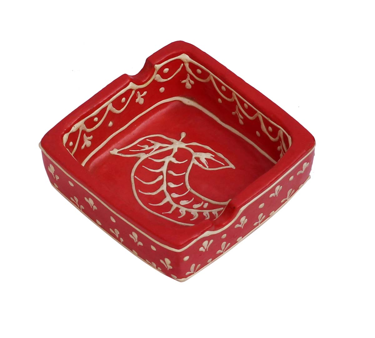 Bulk Wholesale Ashtray in Clay with 2 Slots Handcrafted 3.4” Square-Shaped Enhanced with Traditional Papier-Mache Art in Red & Cone Painting in White - Antique-Look Decor/Utility Items from India