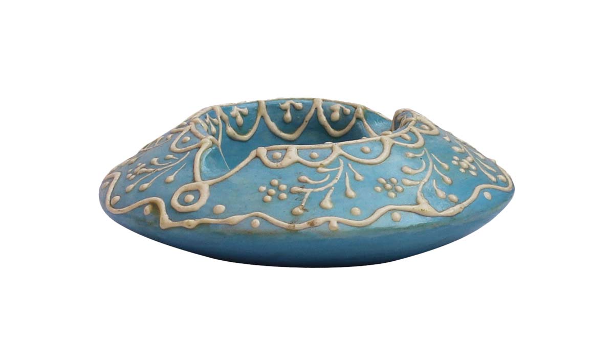 Bulk Wholesale Round Ashtray in Clay with 2 Slots Enhanced with Handcrafted 3.4” Traditional Papier-Mache Art in Blue & Cone Painting in White - Antique-Look Decor/Utility Items from India