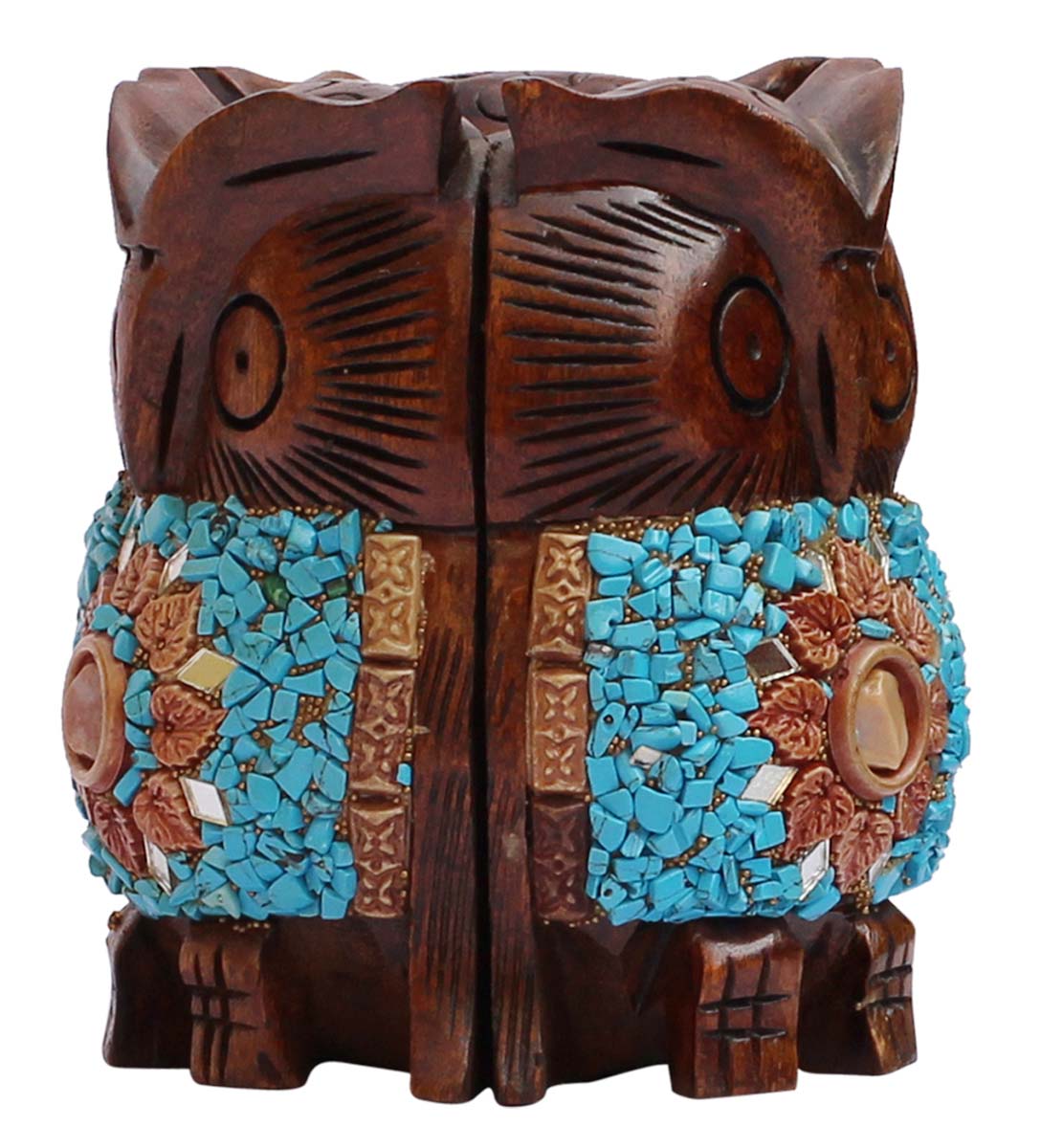Bulk Wholesale Hand-Carved 4.3” Wood Sculpture / Statue of Owl Enhanced with Traditional Style Blue Beads – Antique-Look Home Décor from India