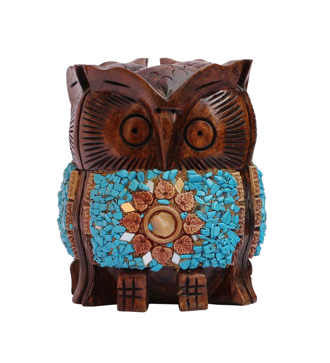 Bulk Wholesale Hand-Carved 4.3” Wood Sculpture / Statue of Owl Enhanced with Traditional Style Blue Beads – Antique-Look Home Décor from India