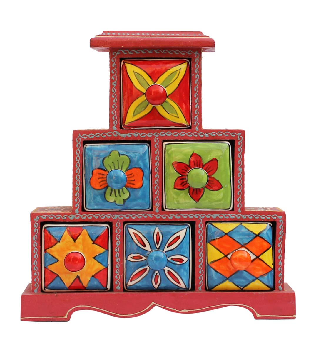 Wholesale Jewelry Box in Bulk - Source Handmade MDF (Compressed Wood) Storage Box/Keepsake Box/Trinket Box with 6 Ceramic Drawers from India