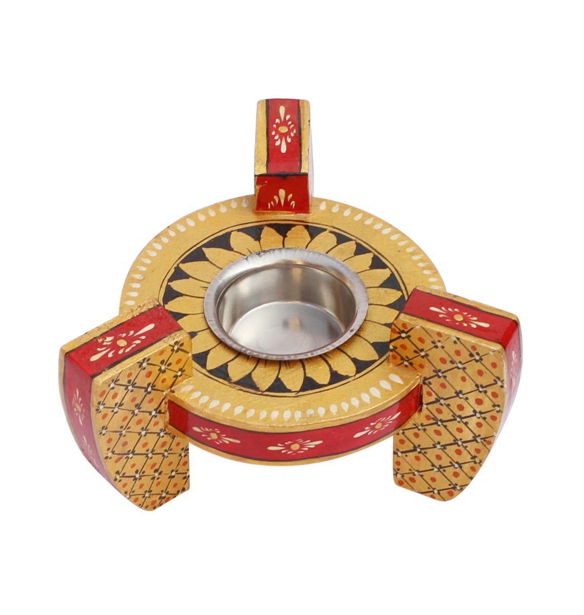 Bulk Wholesale Handcrafted 5” Round-Shaped Candle-Holder with 3 Stands in Haldu Wood Decorated with Red and Yellow Traditional Style Painting – Antique-Look Candle Holder with a Metal Groove