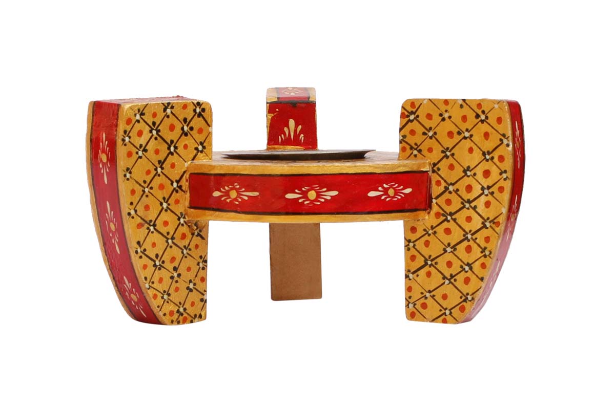 Bulk Wholesale Handcrafted 5” Round-Shaped Candle-Holder with 3 Stands in Haldu Wood Decorated with Red and Yellow Traditional Style Painting – Antique-Look Candle Holder with a Metal Groove
