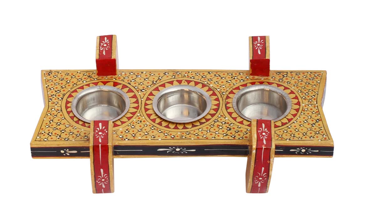Wholesale Hand-Carved 10” Rectangular Candle-Holder with 4 Stands in Haldu Wood Decorated with Red and Yellow Traditional Style Painting – Antique-Look Candle Holder with 3 Metal Grooves