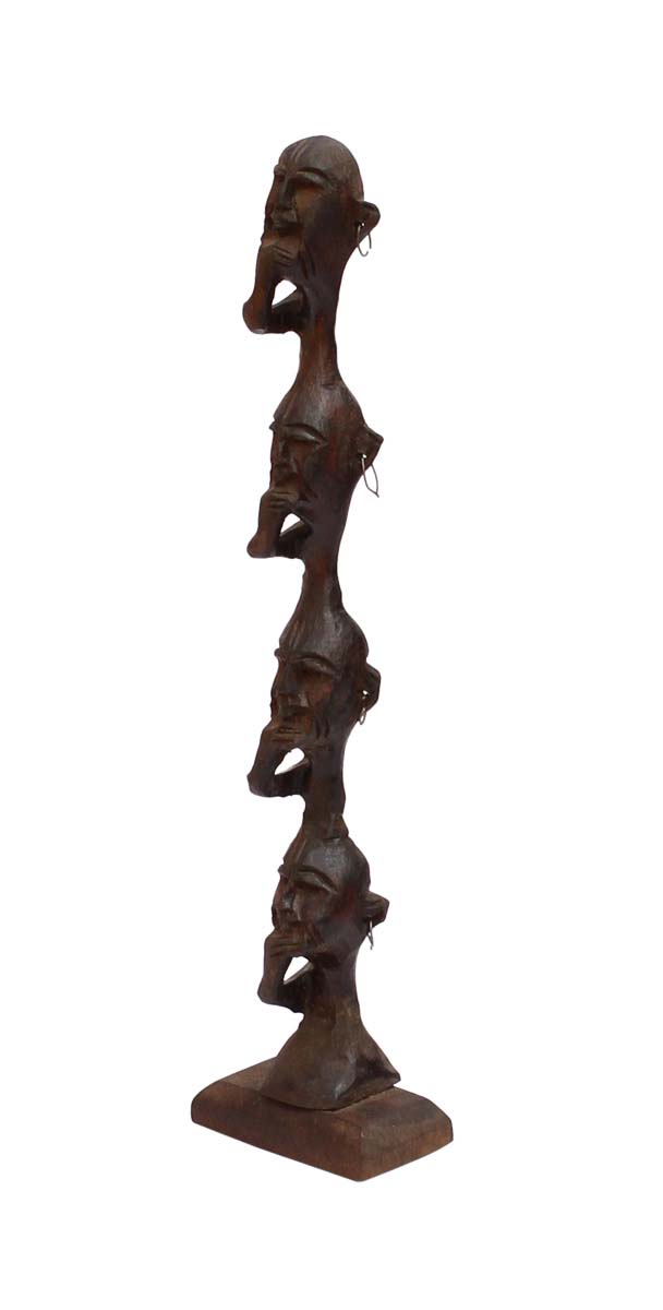 Bulk Wholesale Hand-Carved 9” Decoration Piece of 4 Tribal-Look Vertical Faces in Black Wood – Antique-Look Home Décor from India