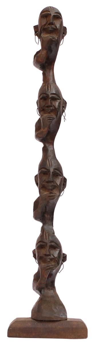 Bulk Wholesale Hand-Carved 9” Decoration Piece of 4 Tribal-Look Vertical Faces in Black Wood – Antique-Look Home Décor from India