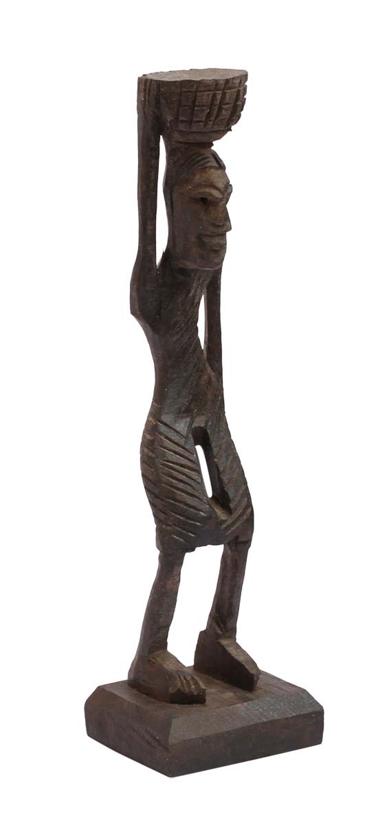 Bulk Wholesale Hand-Carved 6.4” Decoration Piece of Tribal African Man with Wicker Basket in Black Wood – Antique-Look Home Décor from India