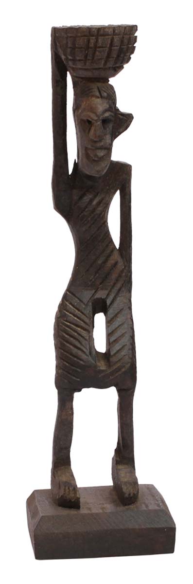 Bulk Wholesale Hand-Carved 6.4” Decoration Piece of Tribal African Man with Wicker Basket in Black Wood – Antique-Look Home Décor from India