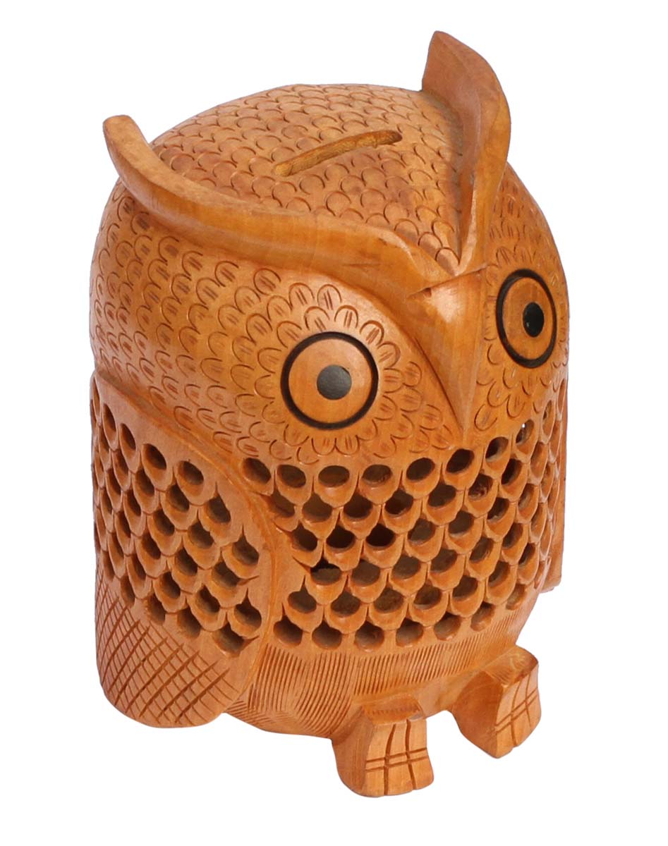 Wholesale Wooden Owl Shaped 6” Cute Piggy/Money Bank - Hand Carved Owl Shaped Brown Coin Bank with Open-Work - Kids Nursery/Home Decor Gifts from India