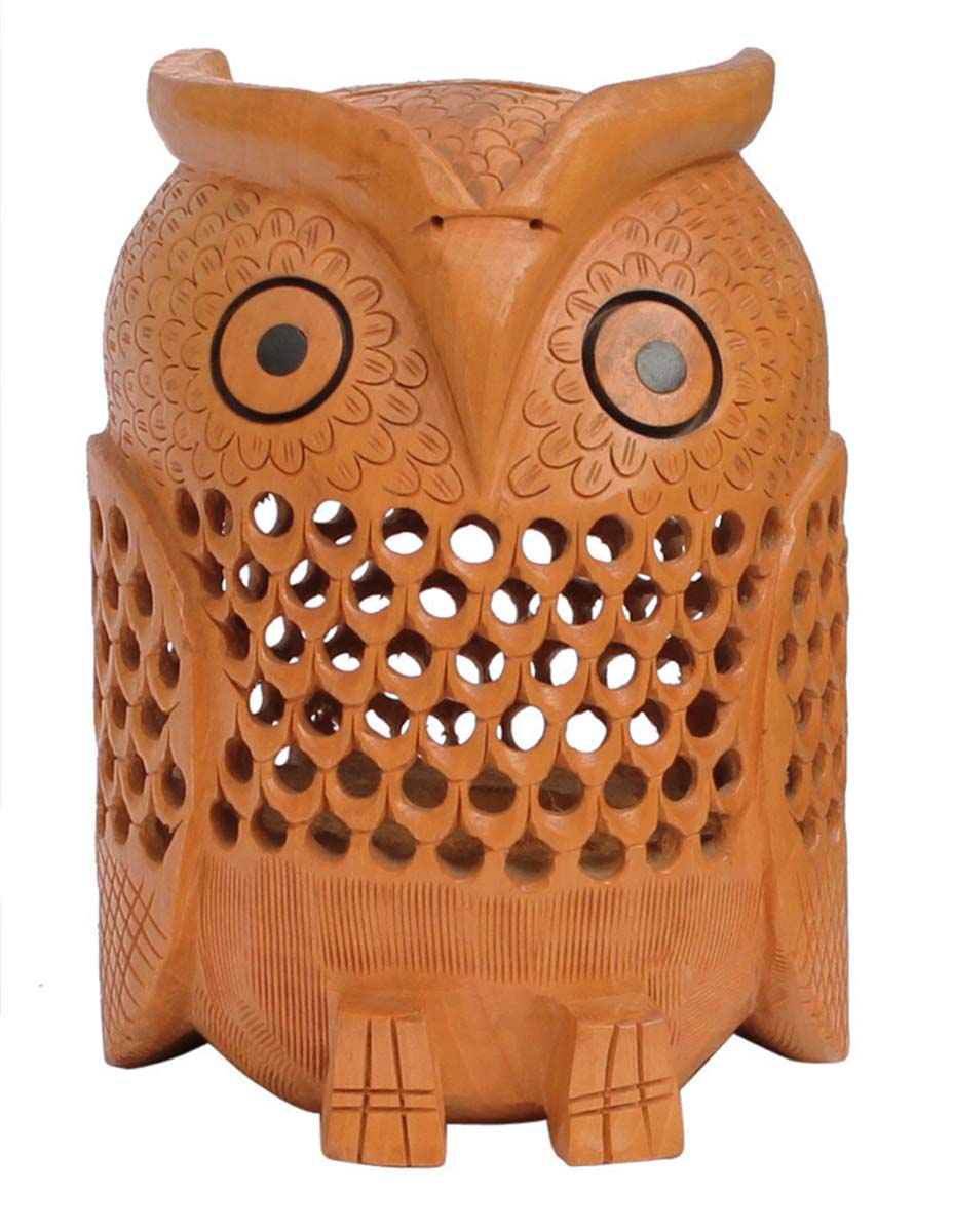 Wholesale Wooden Owl Shaped 6” Cute Piggy/Money Bank - Hand Carved Owl Shaped Brown Coin Bank with Open-Work - Kids Nursery/Home Decor Gifts from India