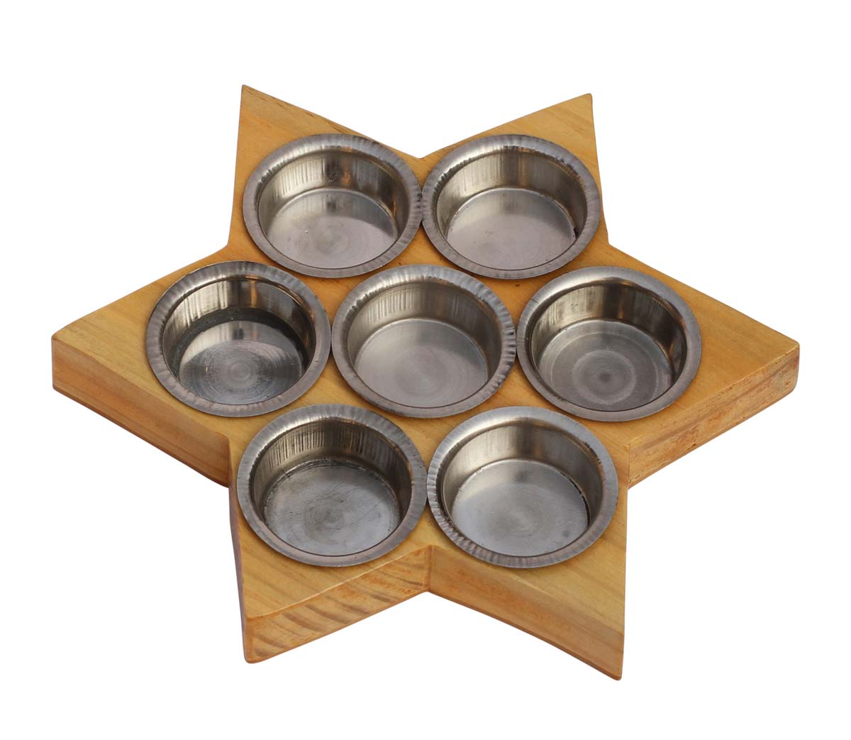 Wholesale Hand-Carved 8” Pine-Wood Star-Shaped Brown Candle-Stand with 7 Tea-Light Holders in Metal – Artistic Home Décor from India