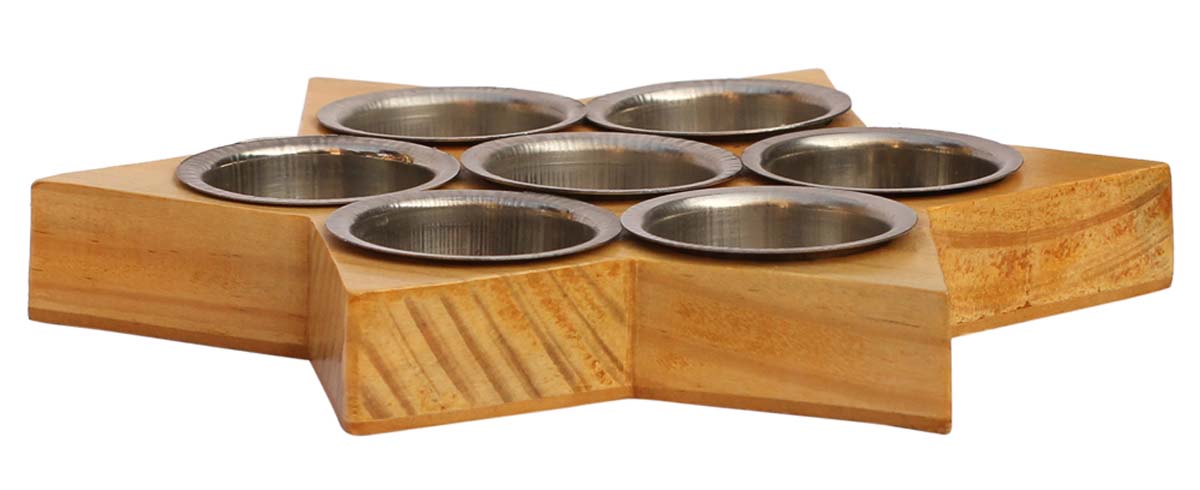 Wholesale Hand-Carved 8” Pine-Wood Star-Shaped Brown Candle-Stand with 7 Tea-Light Holders in Metal – Artistic Home Décor from India