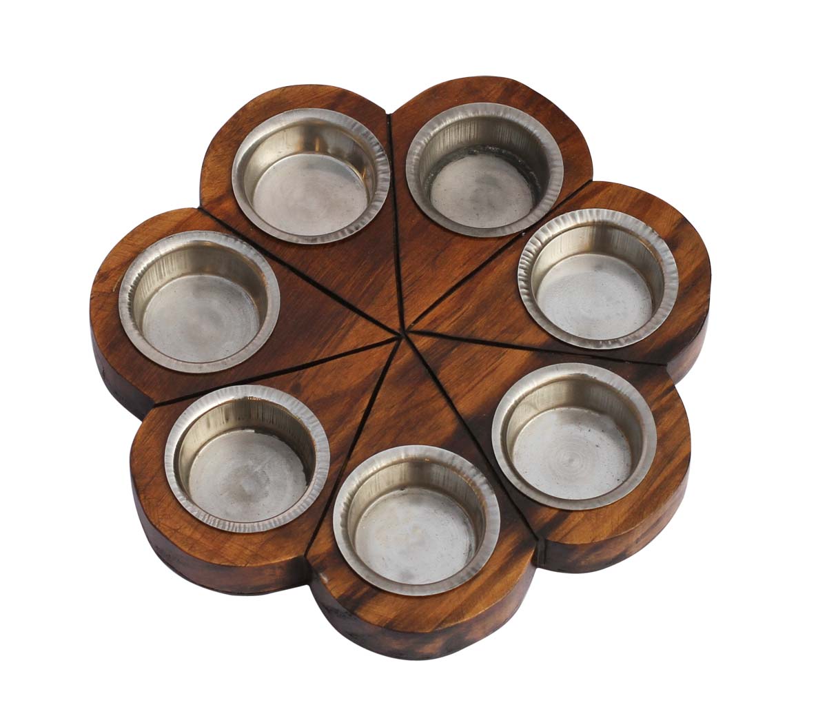 Wholesale Hand-Carved 8” Pine-Wood Flower-Shaped Dark-Brown Candle-Stand with 7 Tea-Light Holders in Metal – Artistic Home Décor from India
