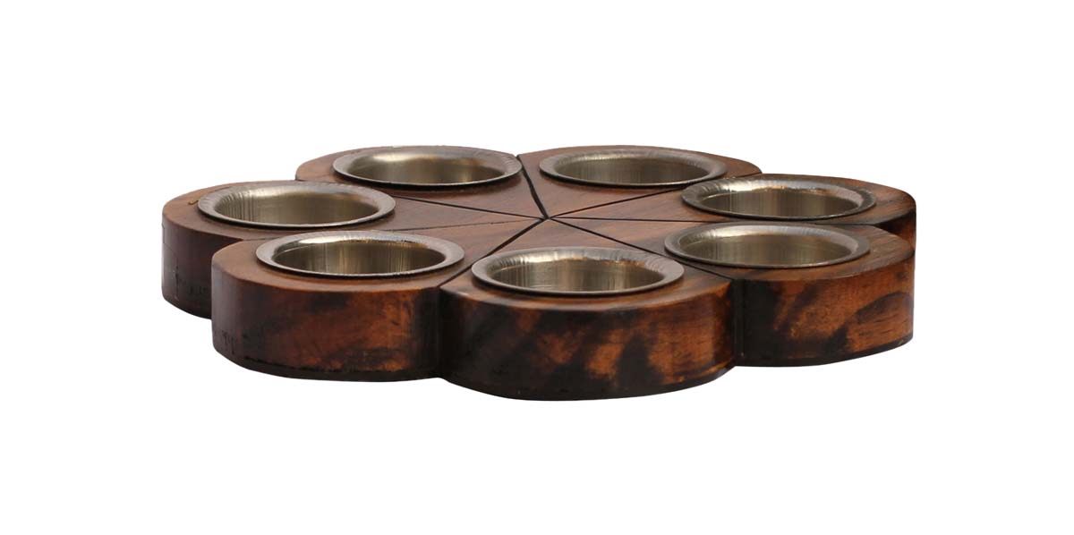 Wholesale Hand-Carved 8” Pine-Wood Flower-Shaped Dark-Brown Candle-Stand with 7 Tea-Light Holders in Metal – Artistic Home Décor from India