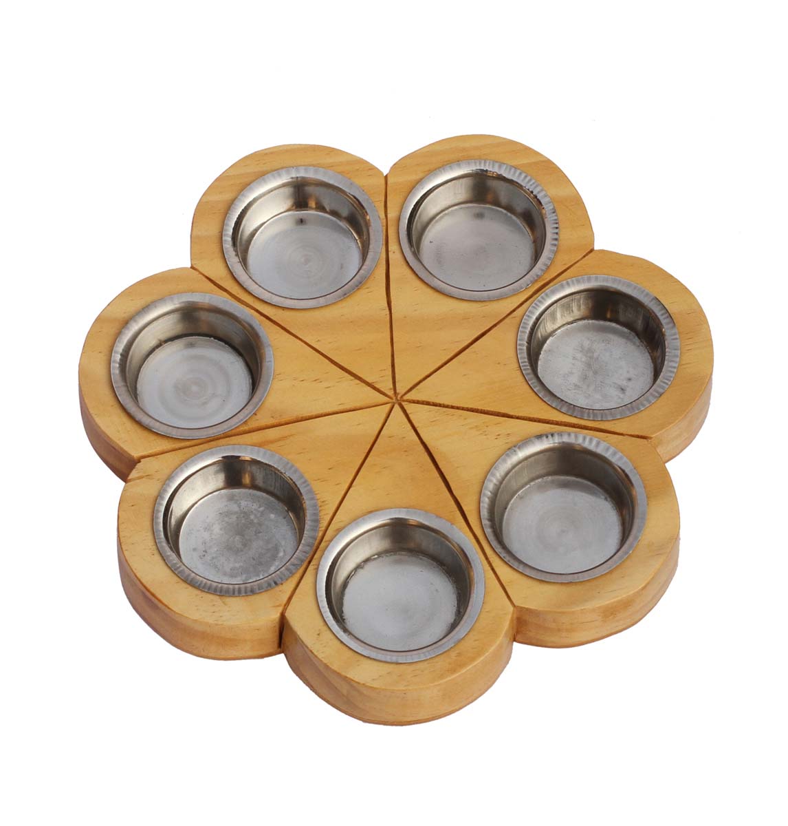 Bulk Wholesale Handcrafted 8” Pine-Wood Flower-Shaped Brown Candle-Stand with 7 Tea-Light Holders in Metal – Artistic Home Décor