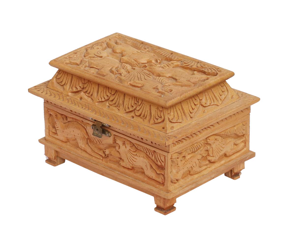 Wholesale 6.5x4.5” Jewelry Box in Bulk - Source Handmade Wood Jewelry Box/Trinket Box with an Intricate Carving of Animals from India