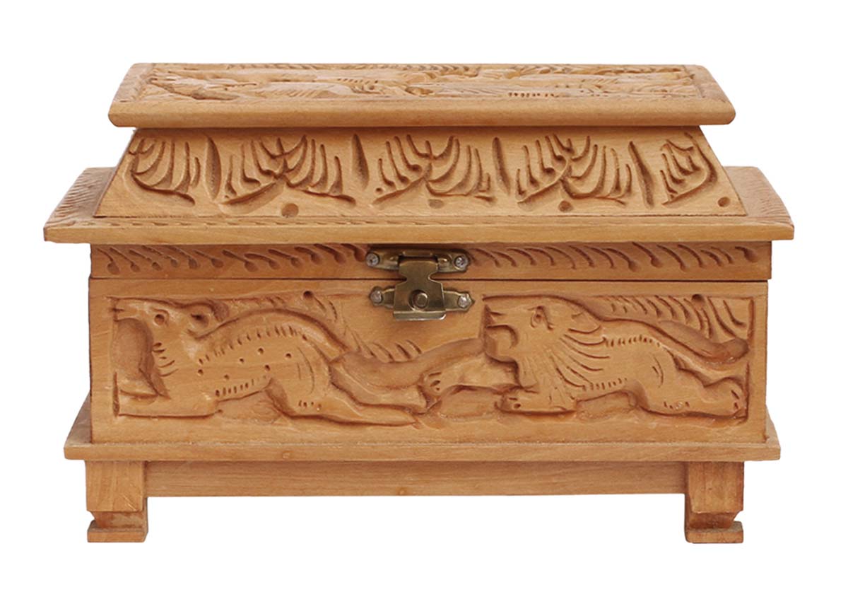 Wholesale 6.5x4.5” Jewelry Box in Bulk - Source Handmade Wood Jewelry Box/Trinket Box with an Intricate Carving of Animals from India