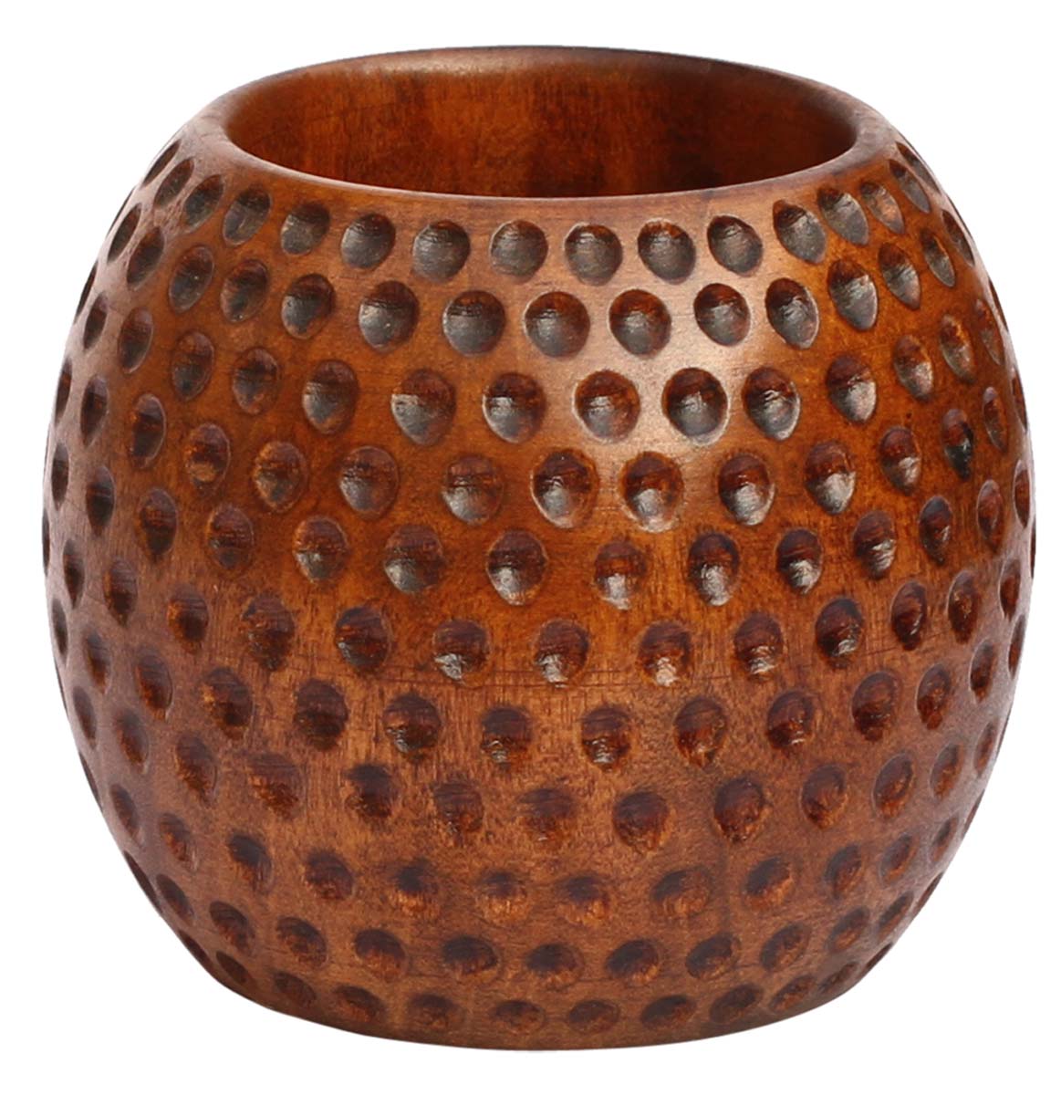 Bulk Wholesale Hand-Carved 3.3” Dark Brown Pen Stand / Holder in Round Shape with Dotted Impressions in Kadam Wood – Office / Desk Accessories from India