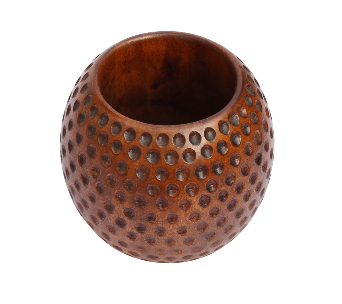 Bulk Wholesale Hand-Carved 3.3” Dark Brown Pen Stand / Holder in Round Shape with Dotted Impressions in Kadam Wood – Office / Desk Accessories from India