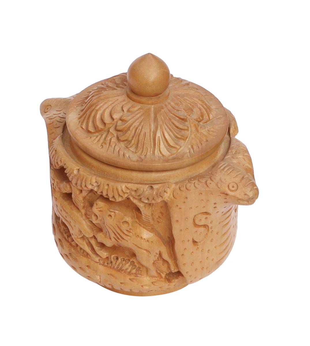 Hand-Carved 4” Wooden Jewelry Box in Bulk - Wholesale Brown Snake-Mouthed Jewelry Box/Trinket Box with a Lid & an Intricate Carving of Animals from India