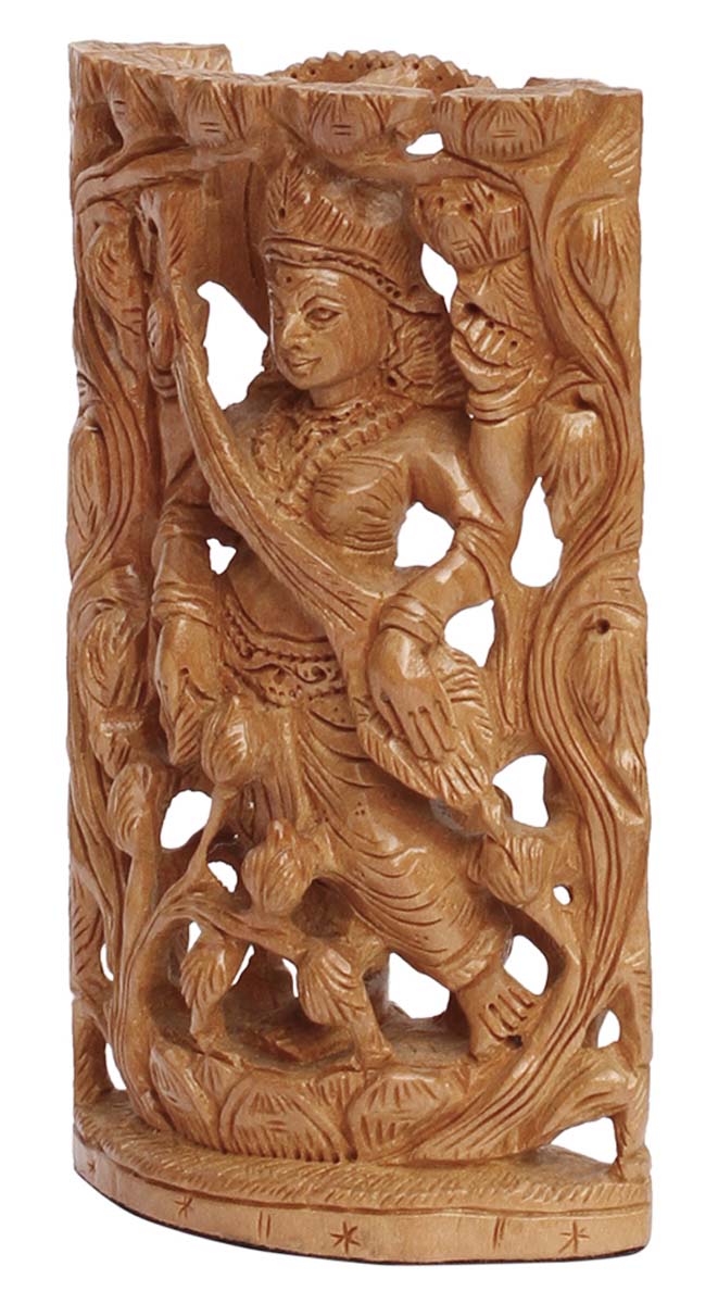 Wholesale 6” Lord Krishna Figurine - Buy in Bulk Hand Carved Wood Hindu Goddess Laxmi in Standing Pose Figurine/Statue with Open-Work - Unique Good Luck Charms Sculpture of Hindu God - Home & Office Decor from India