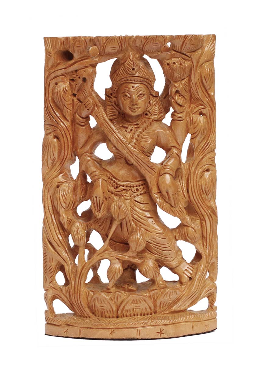 Wholesale 6” Lord Krishna Figurine - Buy in Bulk Hand Carved Wood Hindu Goddess Laxmi in Standing Pose Figurine/Statue with Open-Work - Unique Good Luck Charms Sculpture of Hindu God - Home & Office Decor from India