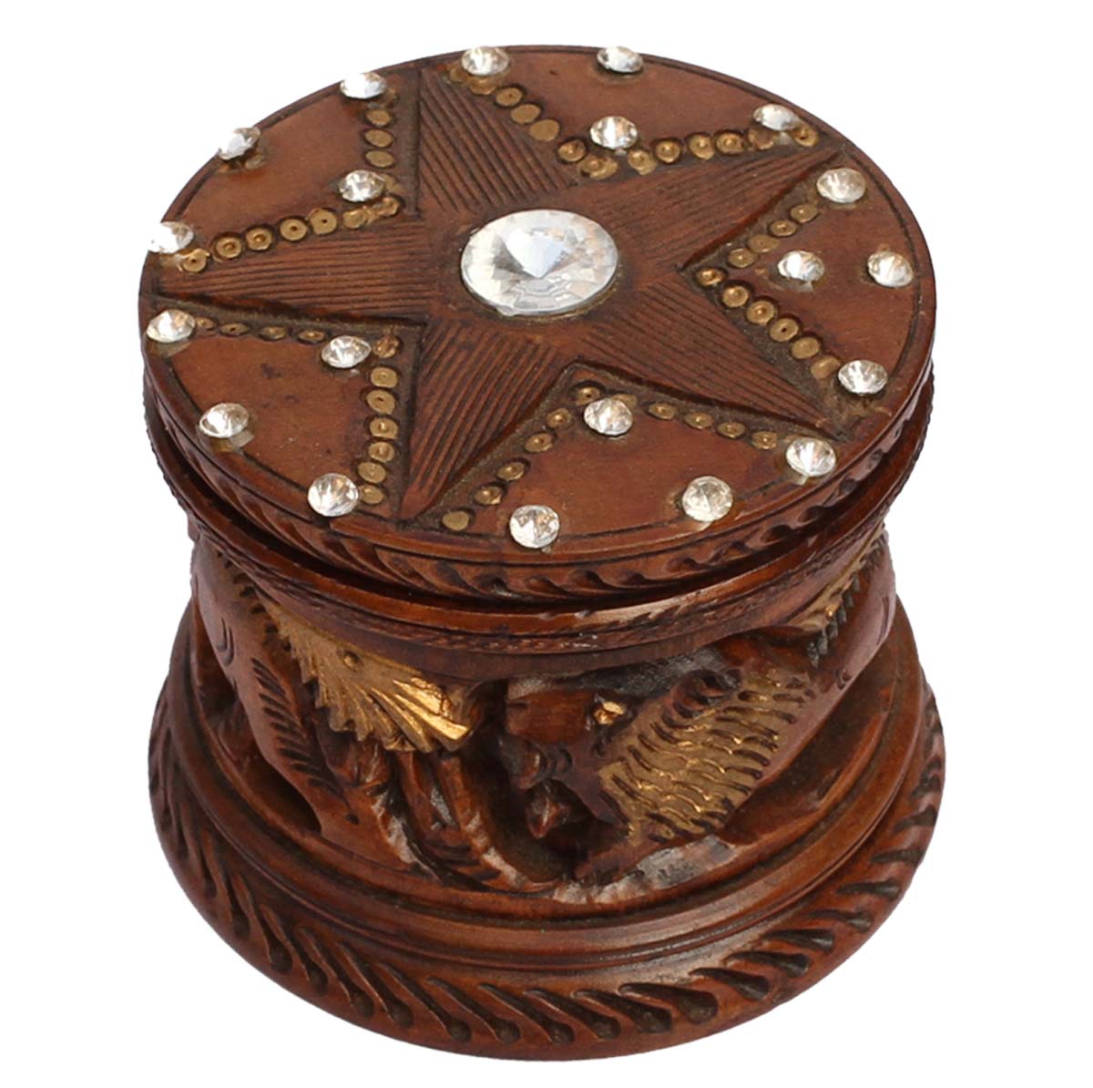 Source 3” Jewelry Box in Bulk - Wholesale Hand-Carved Wood Dark-Brown Jewelry Box/Trinket Box with a Lid & an Intricate Carving of Animal Motifs - Antique-Look Trinket Box with Beads’ Work & Golden Touch from India