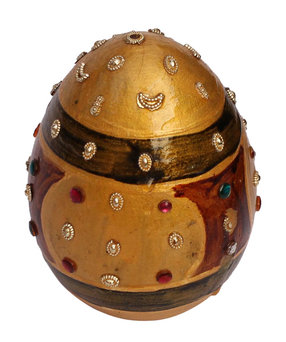 Bulk Wholesale Handcrafted 4” Wood Easter Egg with Hand-Painted Motifs in Golden & Brown Color and Decorated with Colorful Beads – Home Décor from India